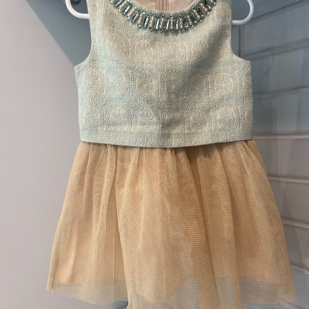 Girls' Light Blue and Gold Dress with Beaded Neckline